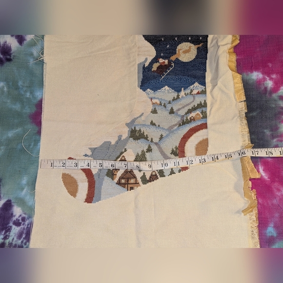 Vintage Christmas Stocking Santa  Sled Unfinished Needlepoint Hand Embroidered - Picture 8 of 9